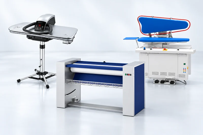 Steam ironing presses and roller ironers for garments and linen